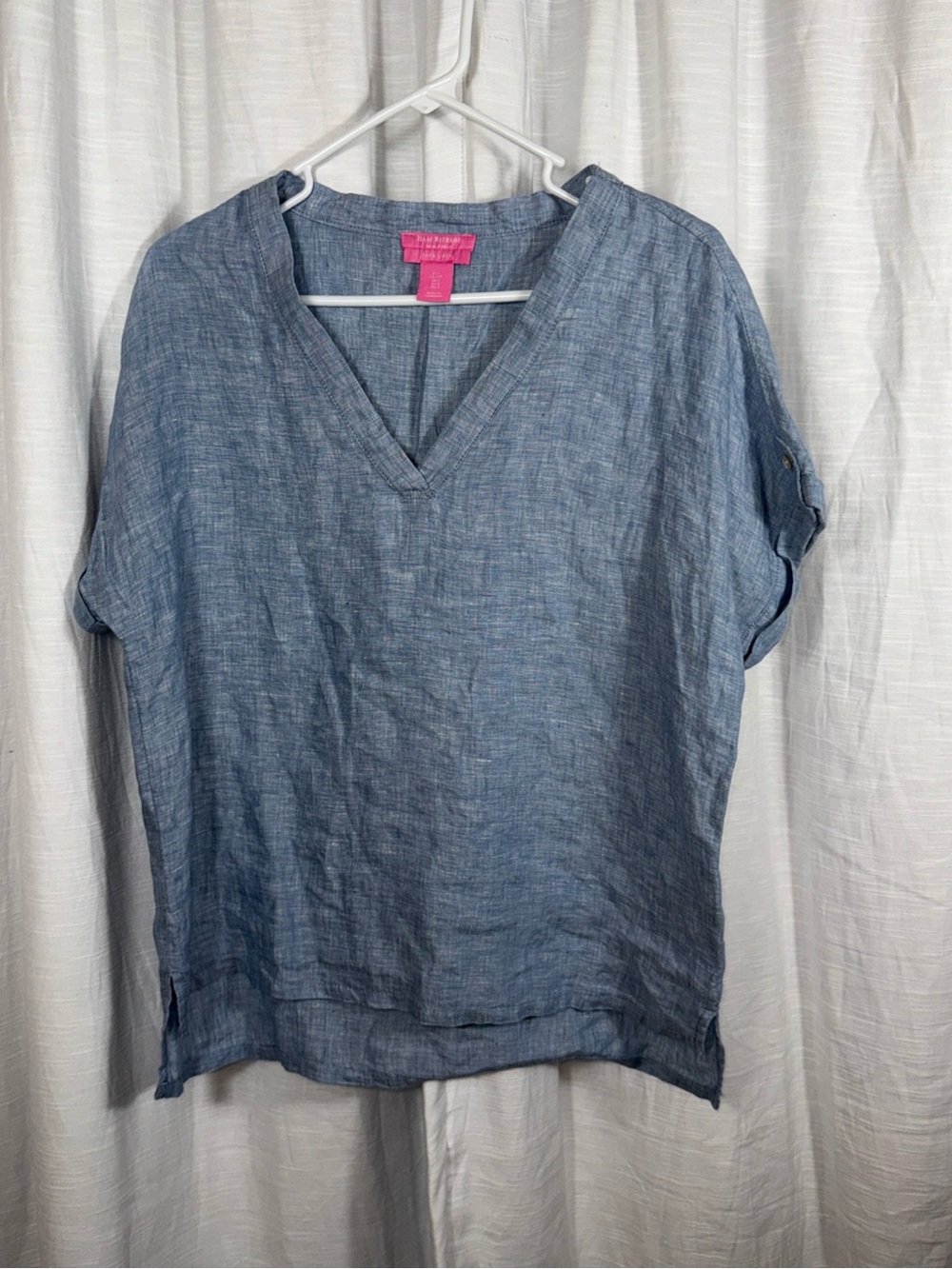 Isaac Mizrahi Chambray Blue V-Neck Short Sleeve Tunic Linen